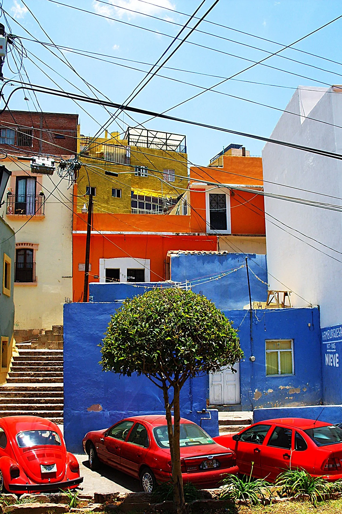 Voitures rouges garées devant des maisons colorées, notamment une maison bleue avec une fenêtre verte, un arbre et un ciel bleu au-dessus, dans un quartier résidentiel.