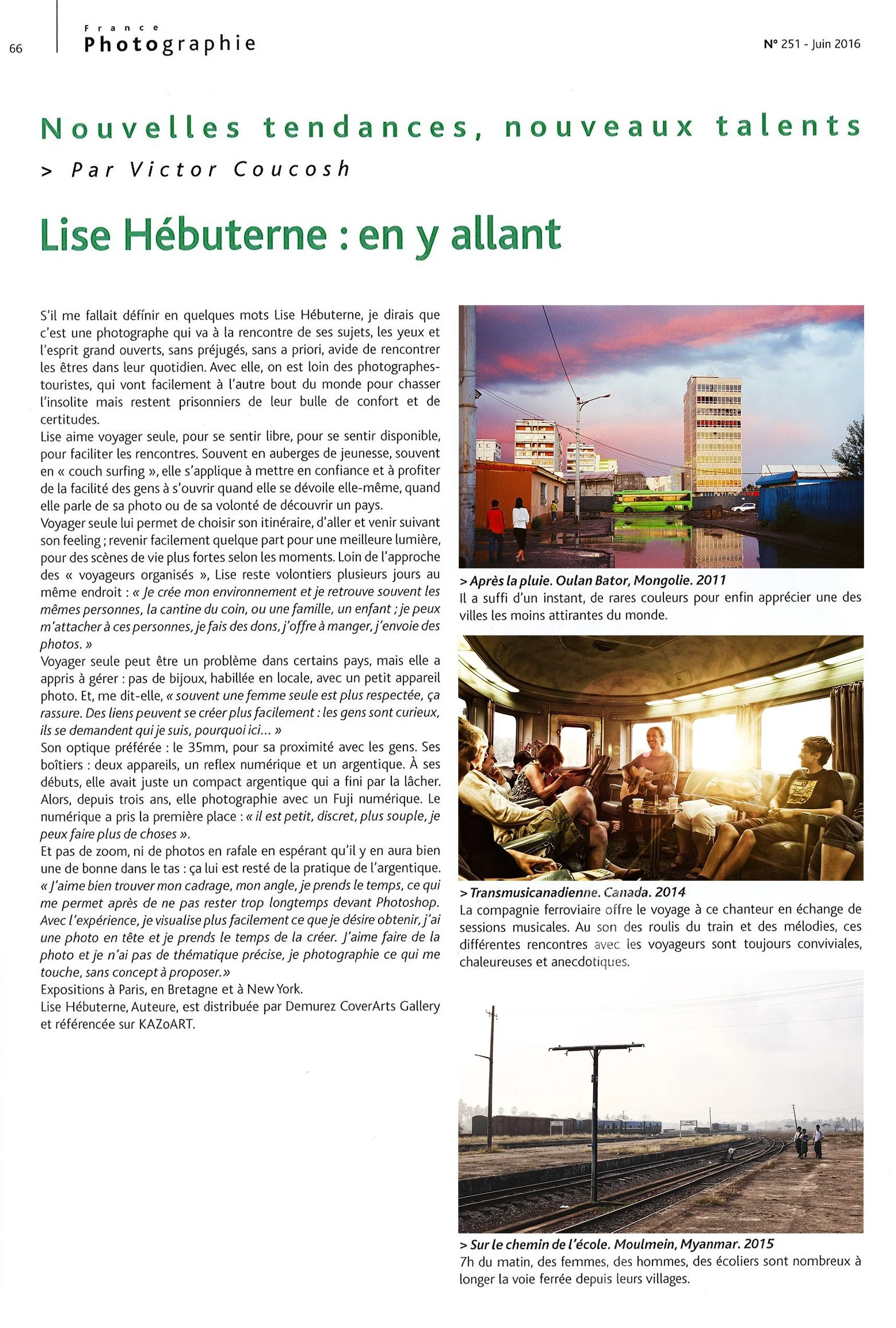 Page de magazine avec textes et trois photographies illustrant la photographie de voyage en Mongolie, Canada et Myanmar, avec descriptions.»