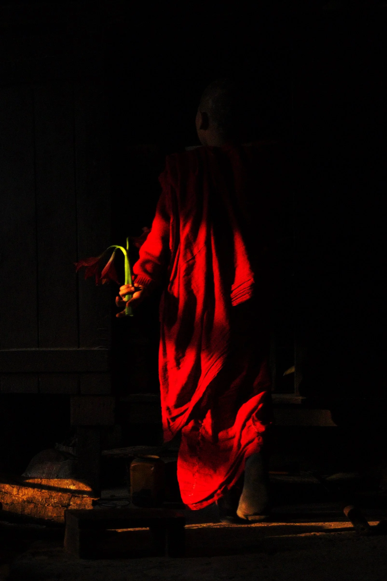 Un enfant vêtu d'une robe rouge sombre se tient dans l'obscurité, tenant une fleur dans la main, avec une lumière douce qui met en valeur la robe et la fleur.