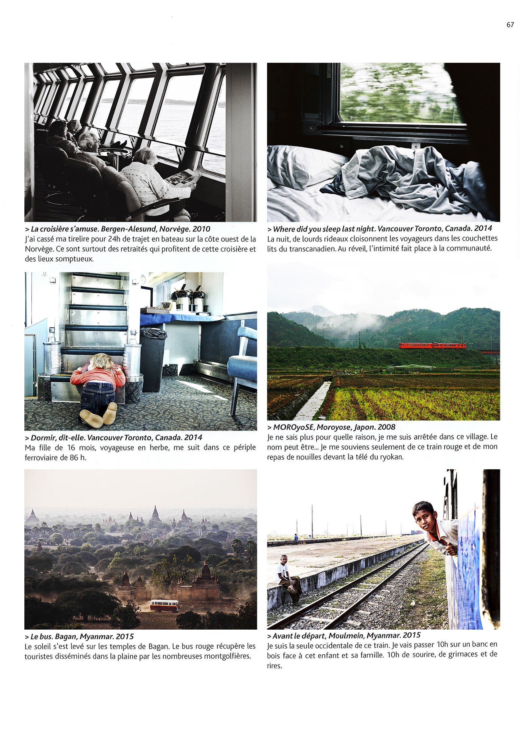 Six photographs of train journeys and stops in various locations, including Norway, Canada, Japan, Myanmar, with descriptions in French of each scene.