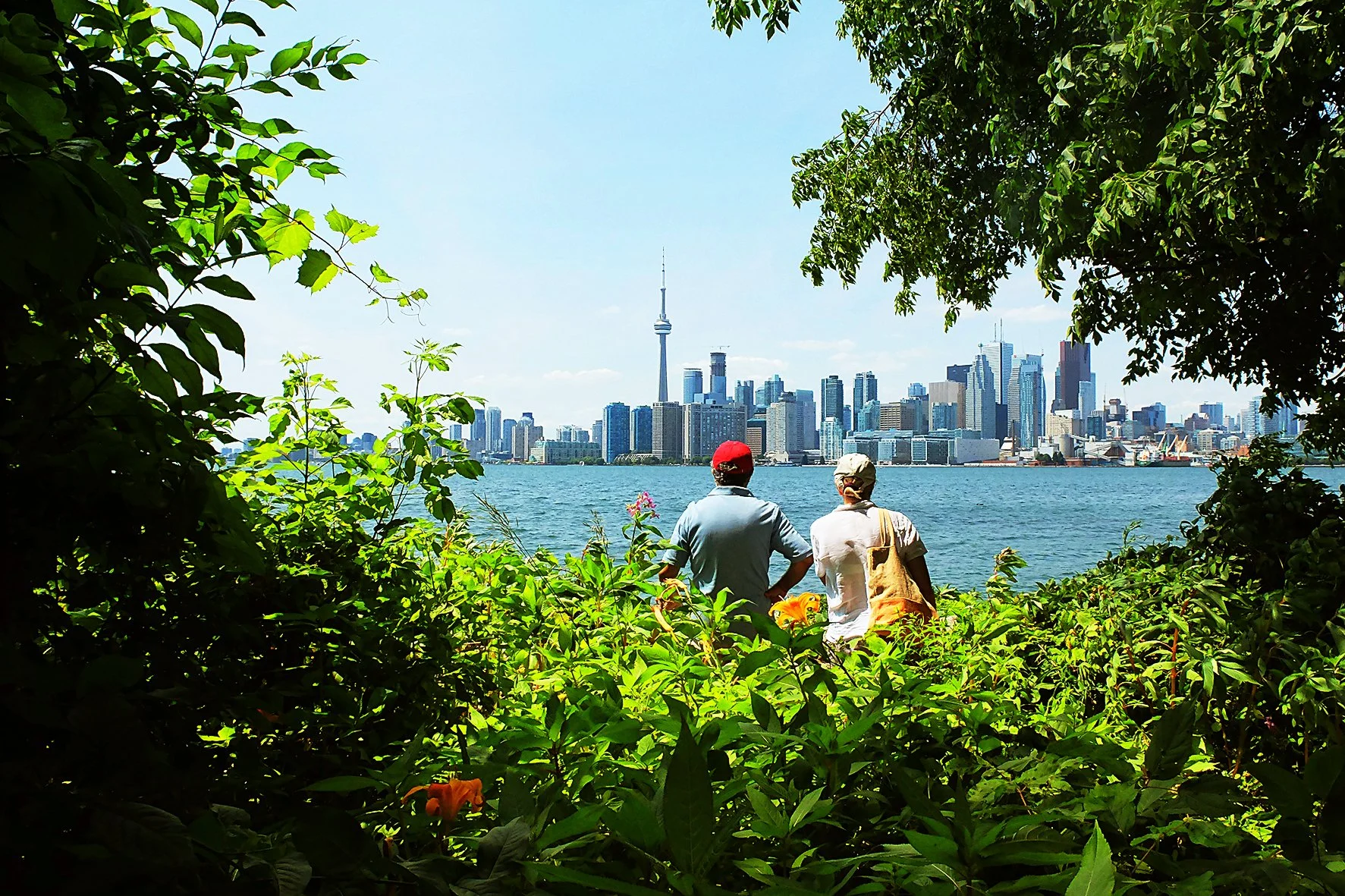 Deux personnes regardant la skyline de Toronto à travers la végétation, avec la Tour CN visible au centre.