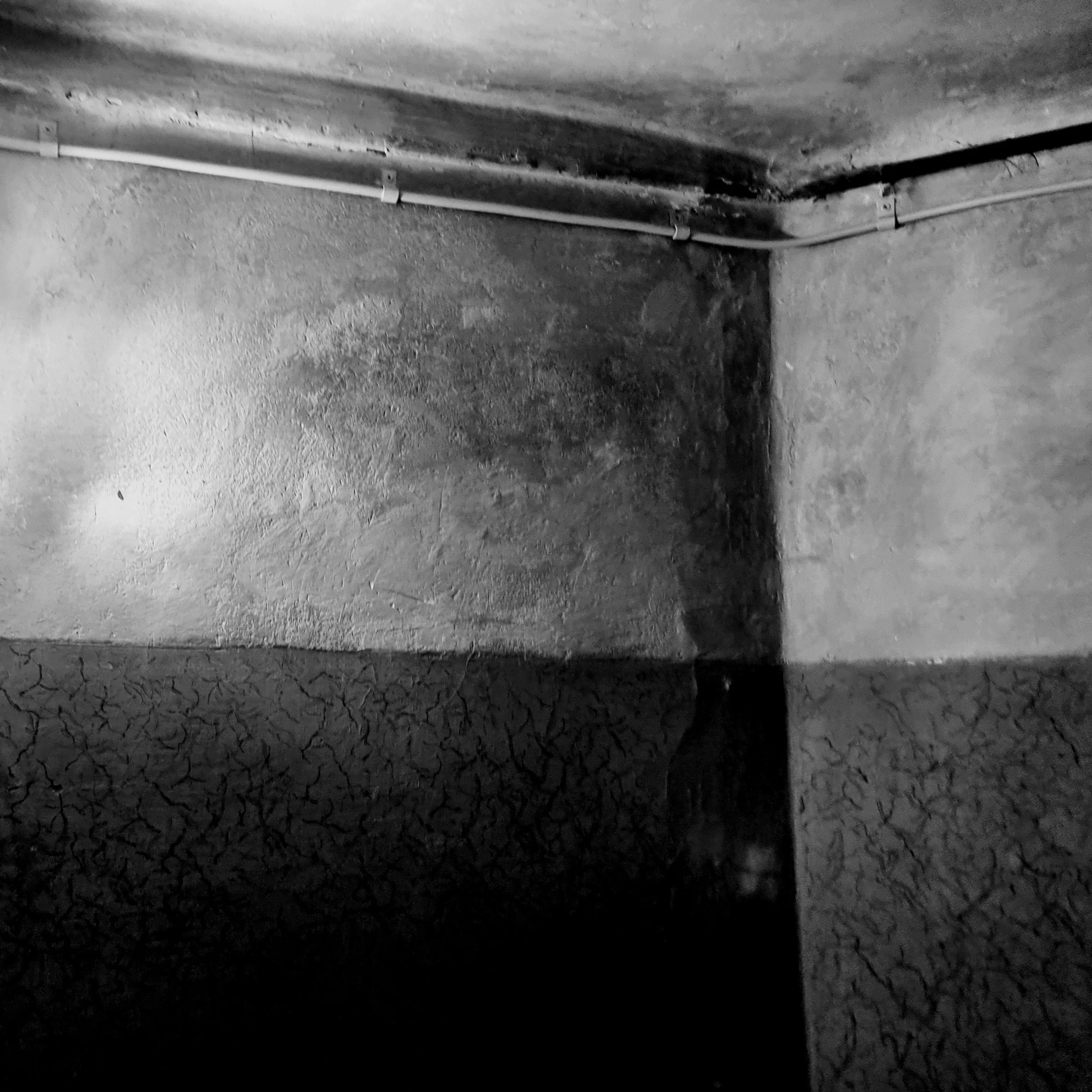 Une photo en noir et blanc de murs en béton avec câbles électriques visibles, en intérieur.