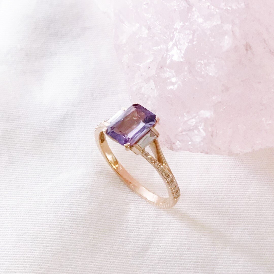 The most captivating lilac sapphire, with two white baguette diamonds and a delicate split shoulder with even more delicately set diamonds. This lilac sapphire was chosen by my lovely clients from a selection of purple stones - some were  darker, som