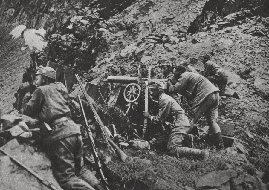 Austro-Hungarian machinegun team defending a mountain slope on the Italian front.