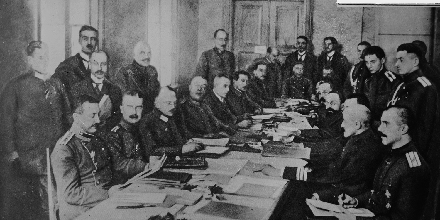 The German and Russian delegations meet at Brest-Litovsk to conclude a treaty that will end the fighting on the Eastern Front. 