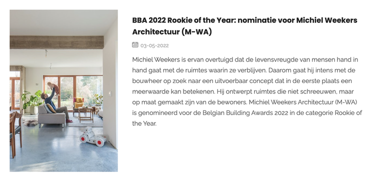   Shortlist - Belgian Building Awards 2022, Rookie of the Year  