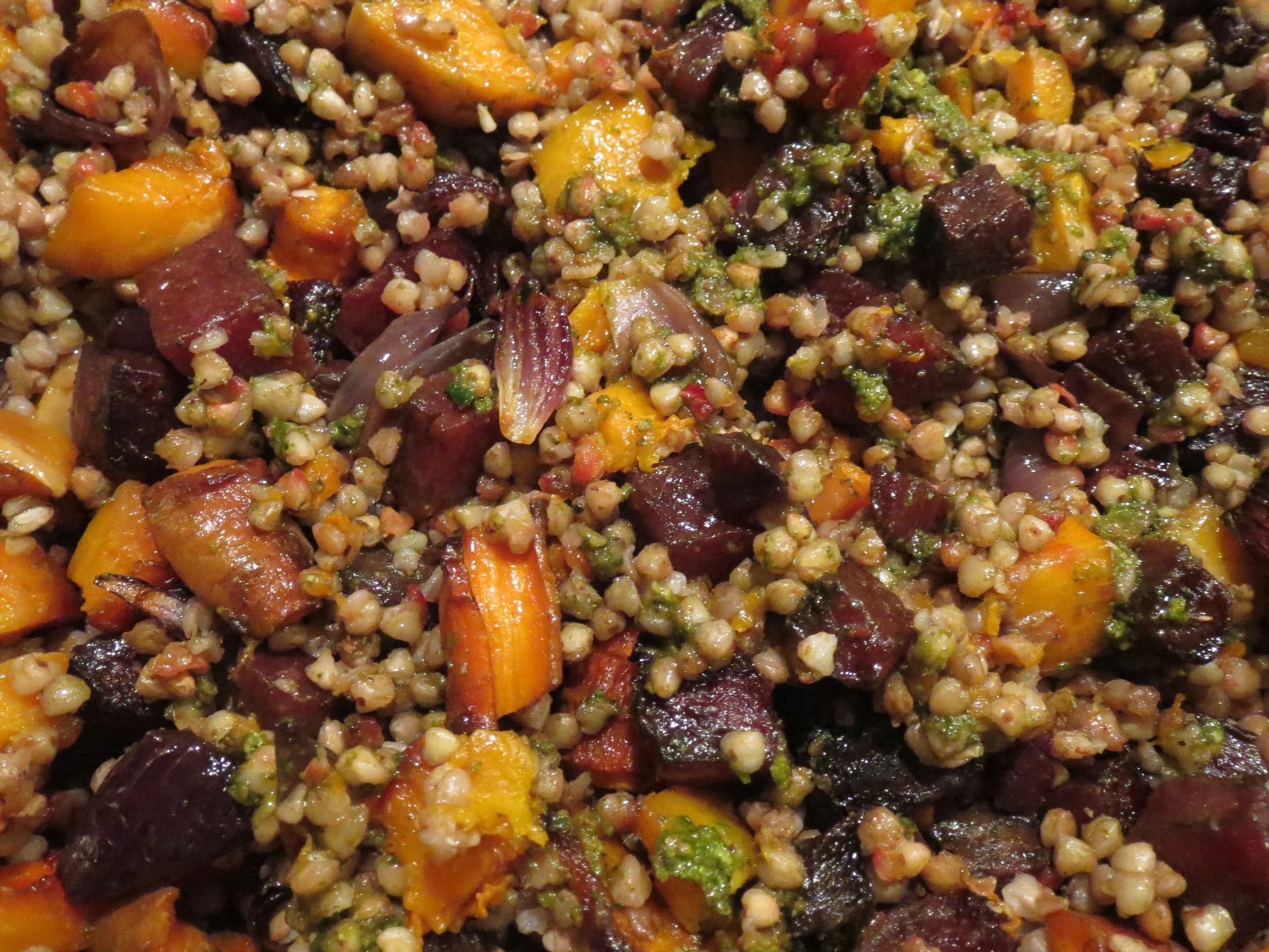 Roasted roots with buckwheat and pesto