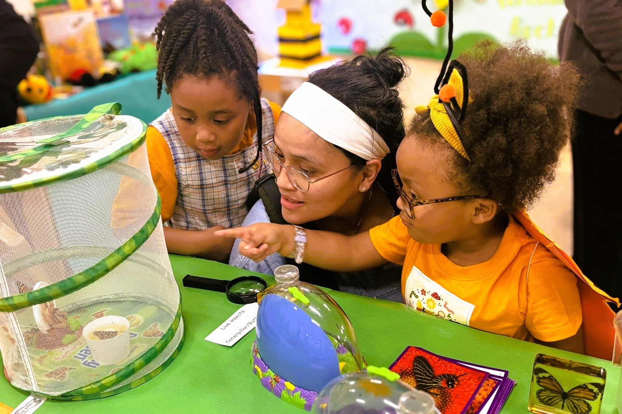 Parent with two children in classroom pointing at butterflies in net