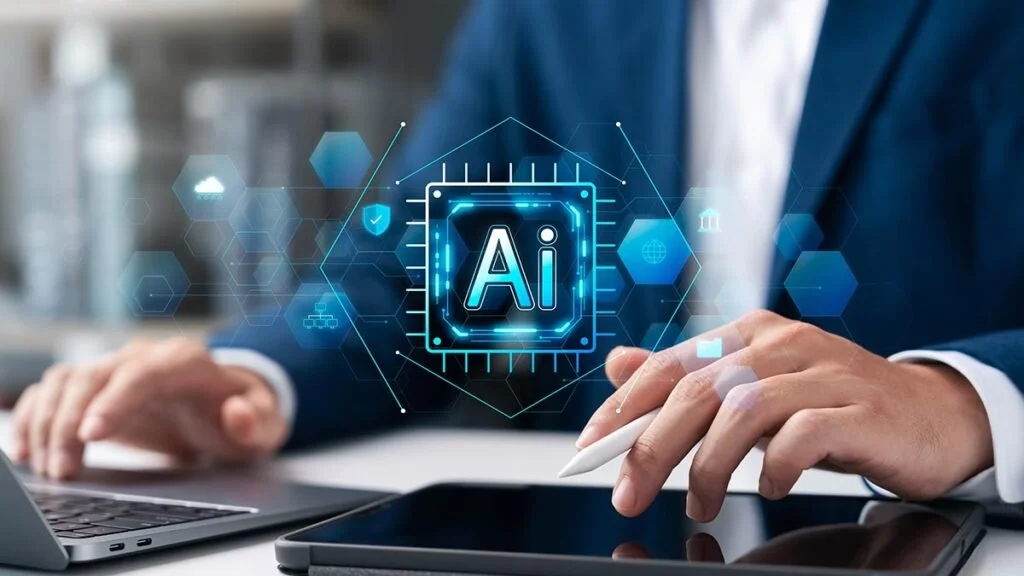 Person's hands working on a laptop and tablet with overlay text "AI" and tech-applicable graphics