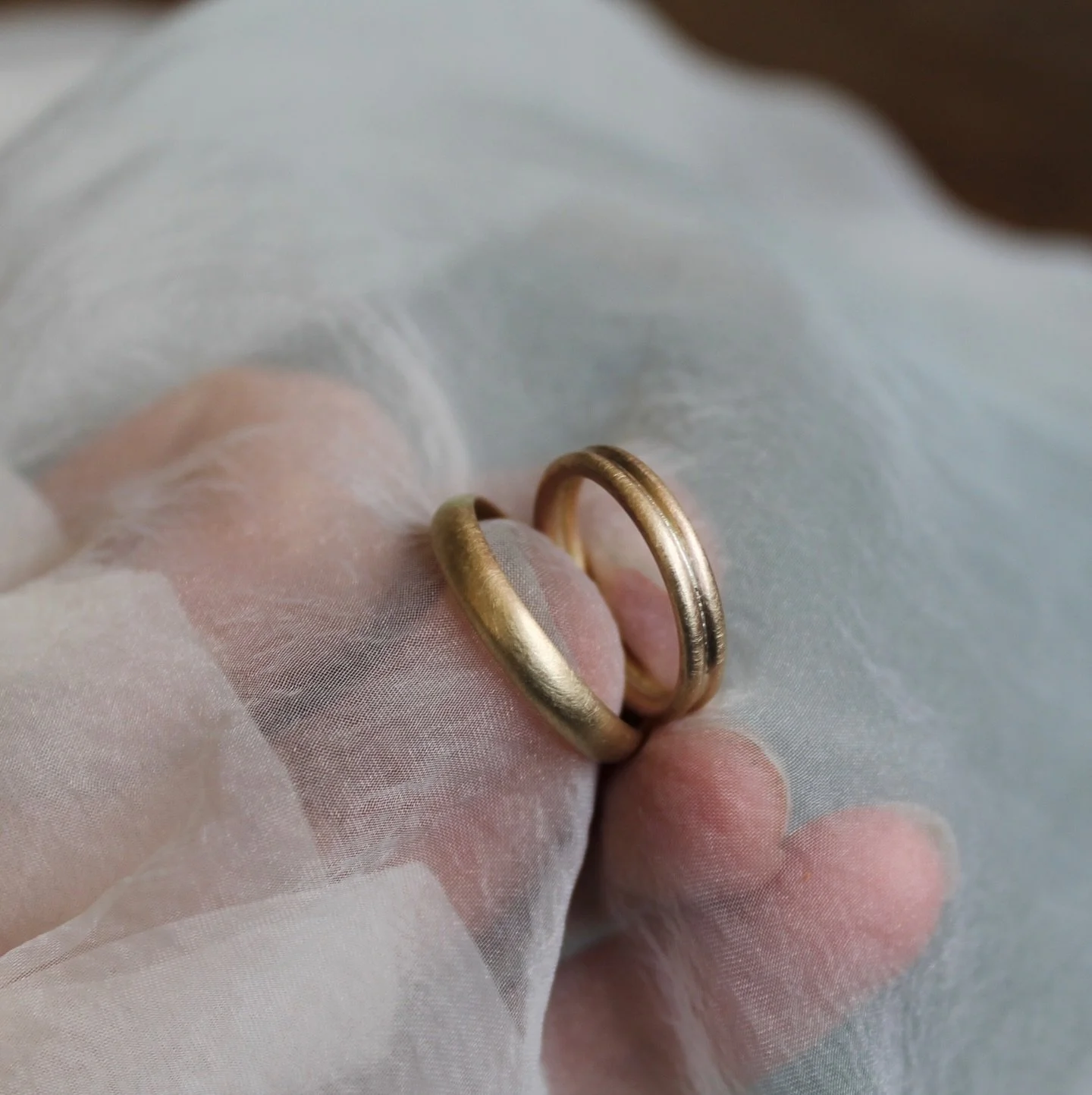 A recent wedding ring set I made for Helen &amp; Peter, who are getting married in May. They chose a Double Round Latitude Wedding Band and a 3.5mm Comfort Fit Band, both in 9ct yellow gold. Helen also had an old ring from her dad, which I melted dow