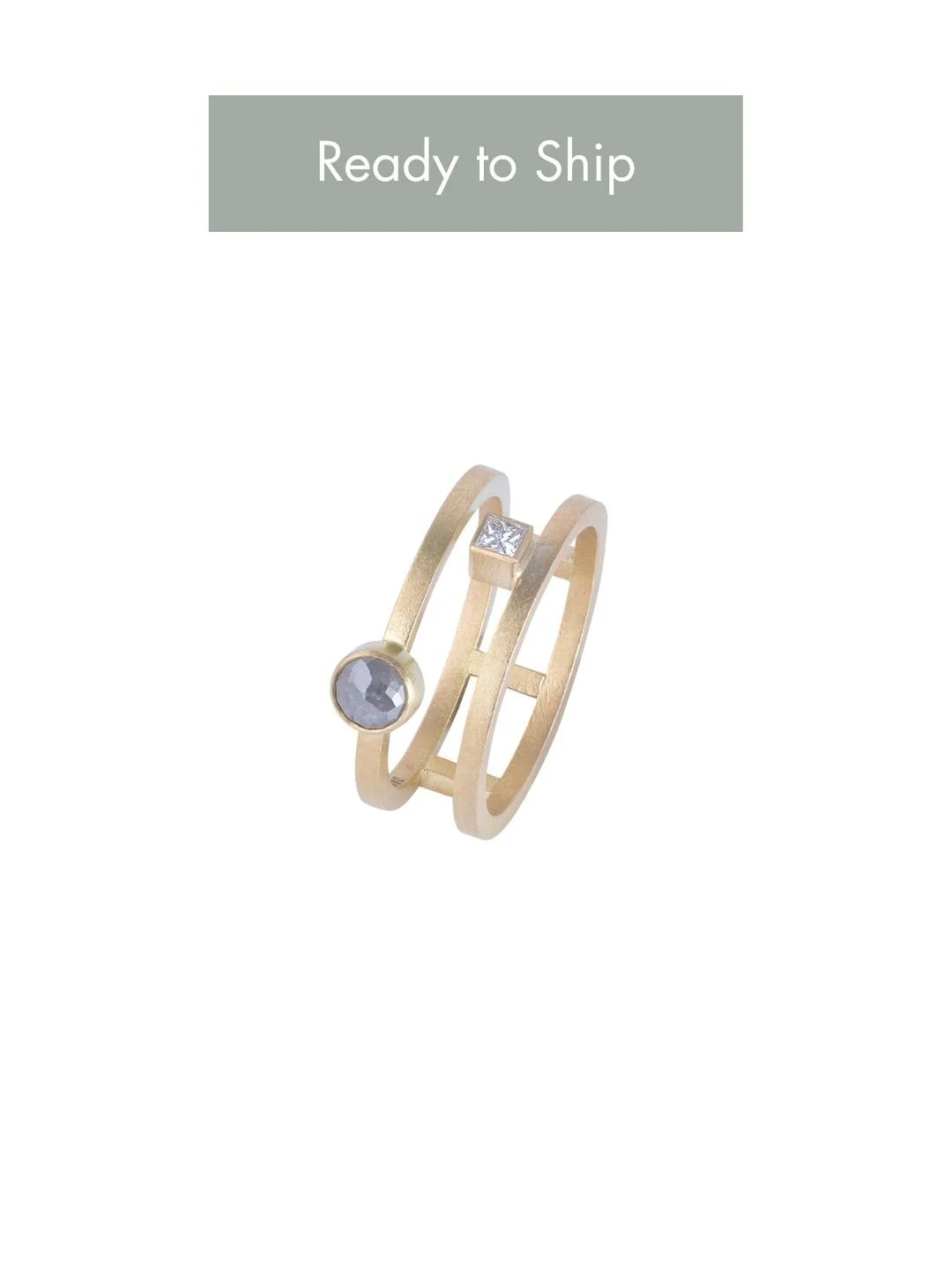 rose cut grey and princess cut white diamond double ring