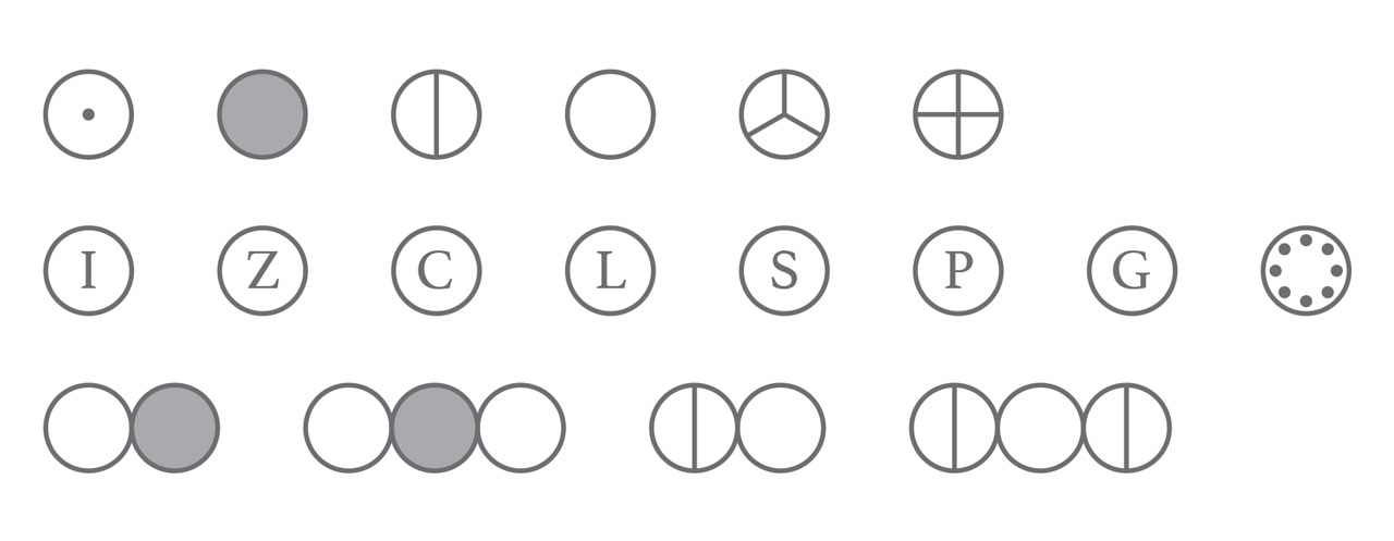 第一行从左至右:氢(H),碳(C),氮(N),氧(O),磷(P),硫(S)。 第二行从左至右:铁(Fe),锌(Zn),铜(Cu),铅(Pb),银(Ag),铂(Pt),金(Au),汞(Hg)。 第三行从左至右:一氧化碳(CO),二氧化碳(CO2),一氧化氮(NO),一氧化二氮(N2O)。 注释:说有数字都应为下角标。