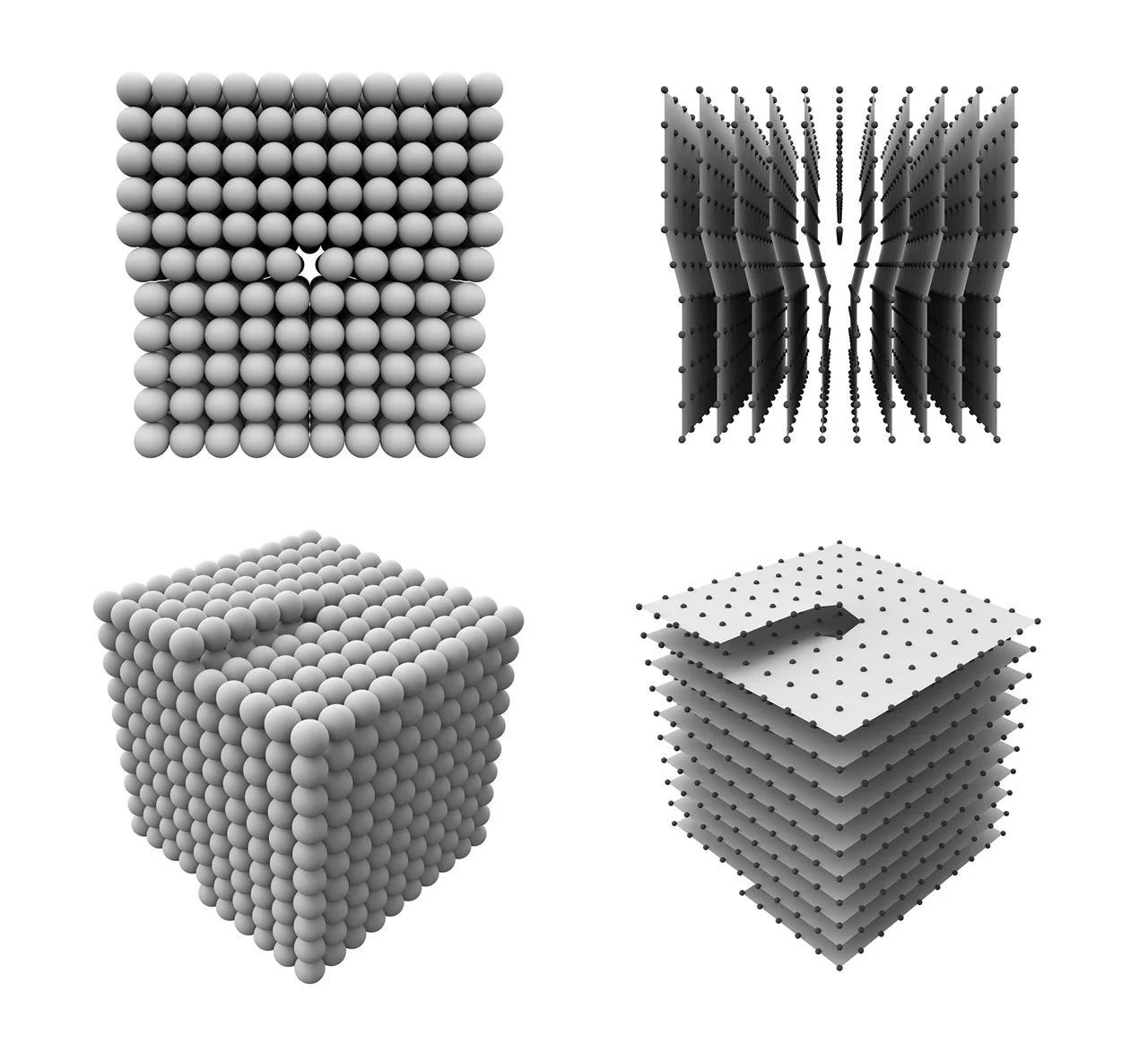 Top left: edge dislocation, top right: crystal plane schematic of edge dislocation, bottom left: screw dislocation, bottom right: crystal plane schematic of screw dislocation.
