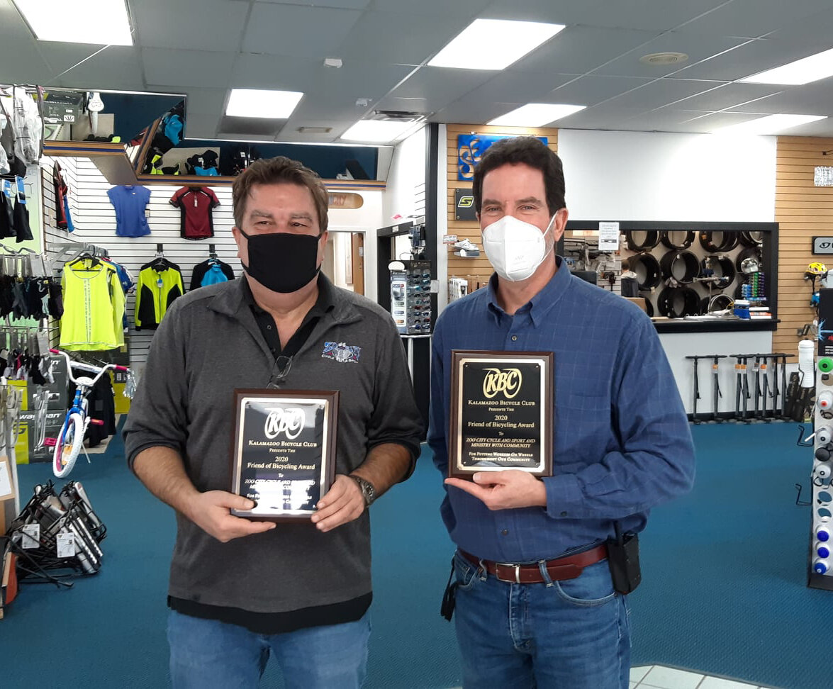  Rick Lee (L), and Don Jones (R) receiving the Kalamazoo Bicycle Club’s 2020 Friend of Bicycling award. 