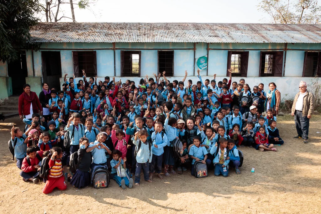 School children gather for a group photo at the end of the donation day in Dudhauli, Sindhuli District of Nepal.