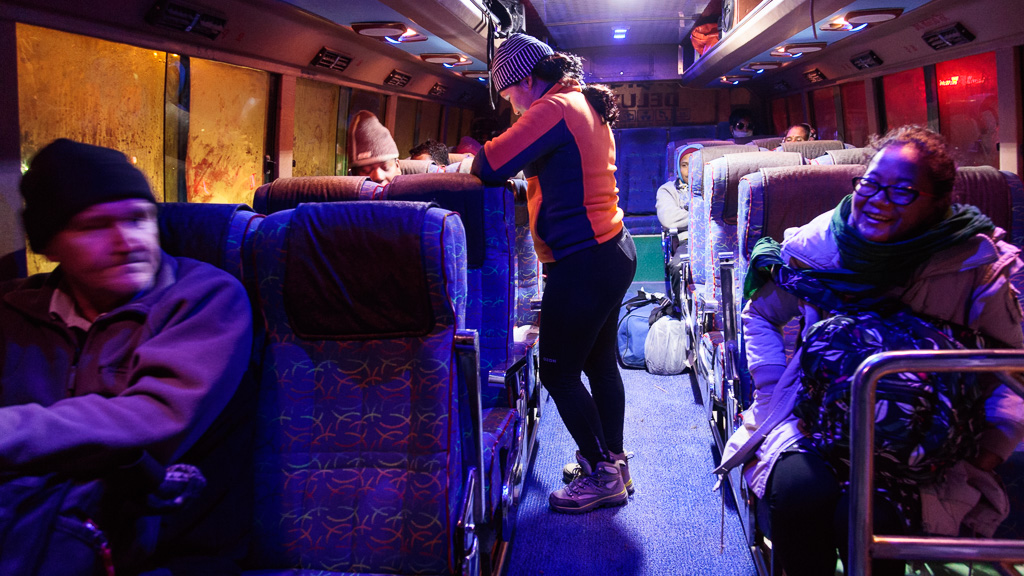 Kirmo Wilén from Finland, Smita Magar, Rewati Gurung and Sarada Gurung on the bus leaving Kathmandu for Sindhuli.