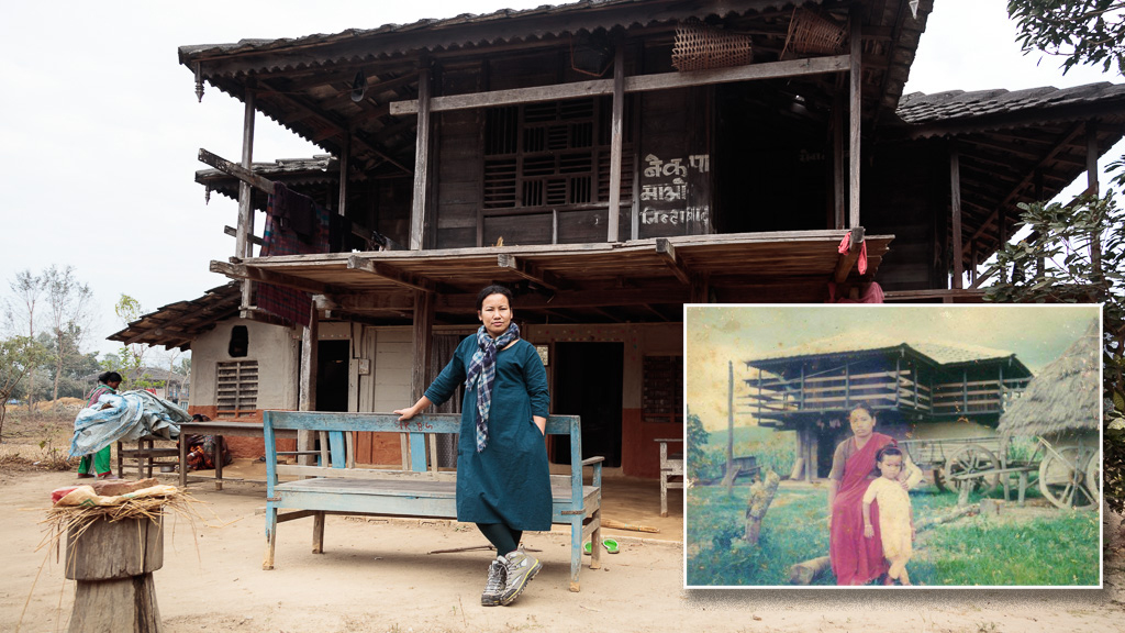Rewati Gurung outside the family home where she grew up and a photo with her late mother from almost 30 years ago.