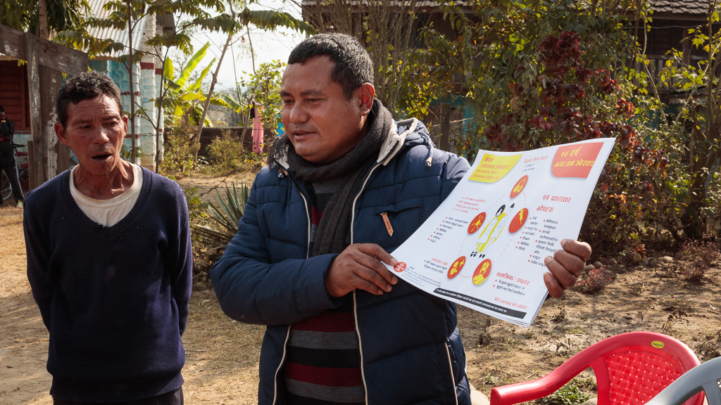 Medication for Nepal infographics being distributed during Moving Mountain Nepal's school bag day in Dudhali.