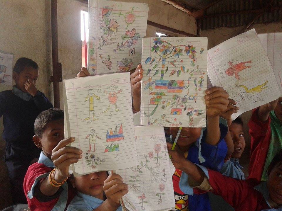 Wonderful creativity inspired by new exercise books and coloured pencils.