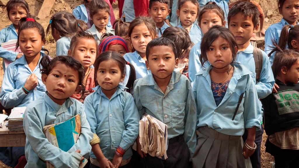 School children without school bags - waiting for the new bags.