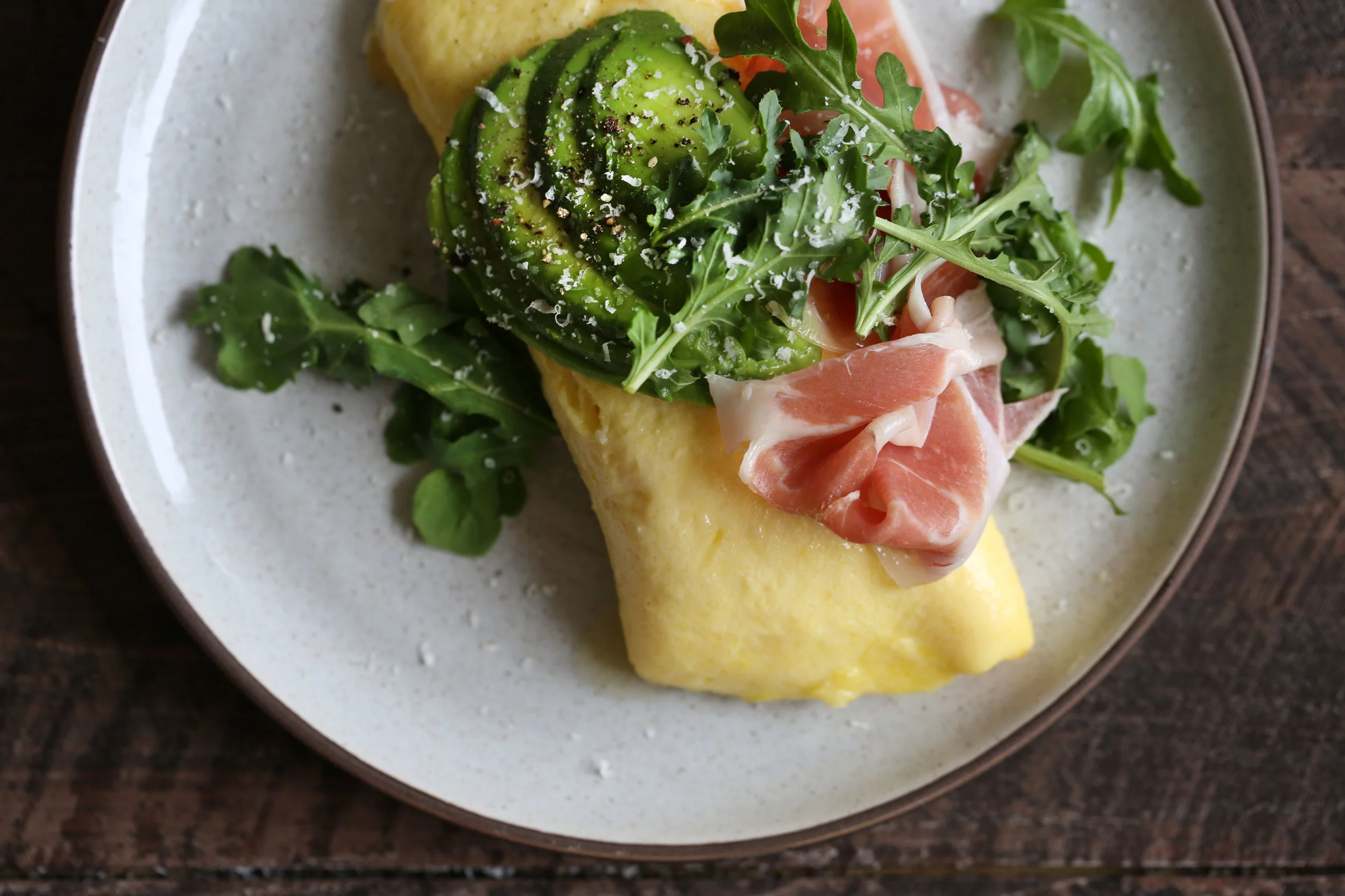 French Omelette with Prosciutto, Cheese, Avocado & Arugula — Cooking