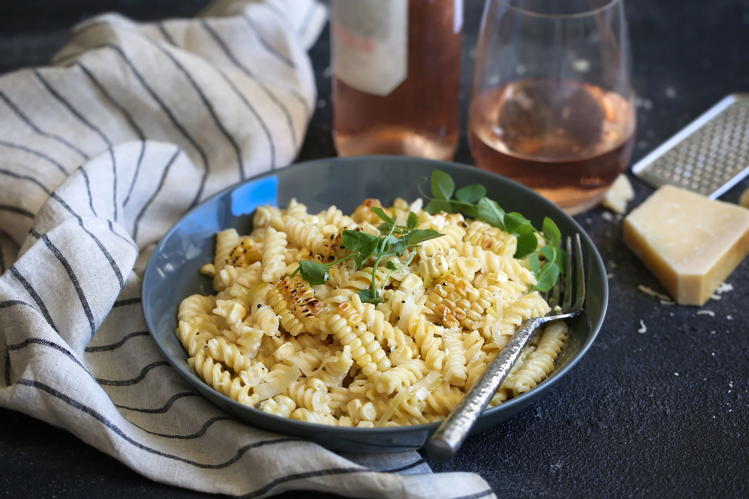 Creamy Fusilli with Truffle Grilled Corn and Pickled Leeks — Cooking with Cocktail Rings