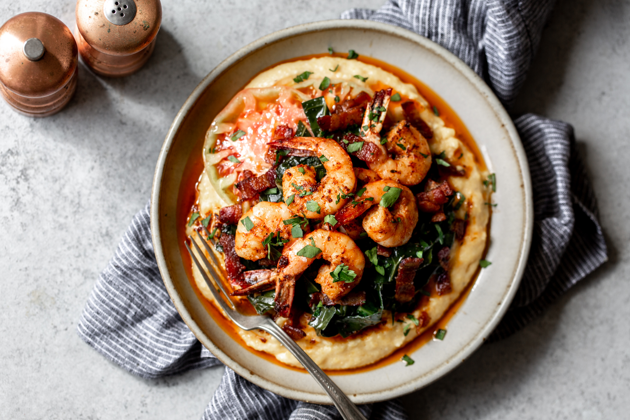 Cajun Shrimp with Cheesy Grits and Bacon Braised Collard ...