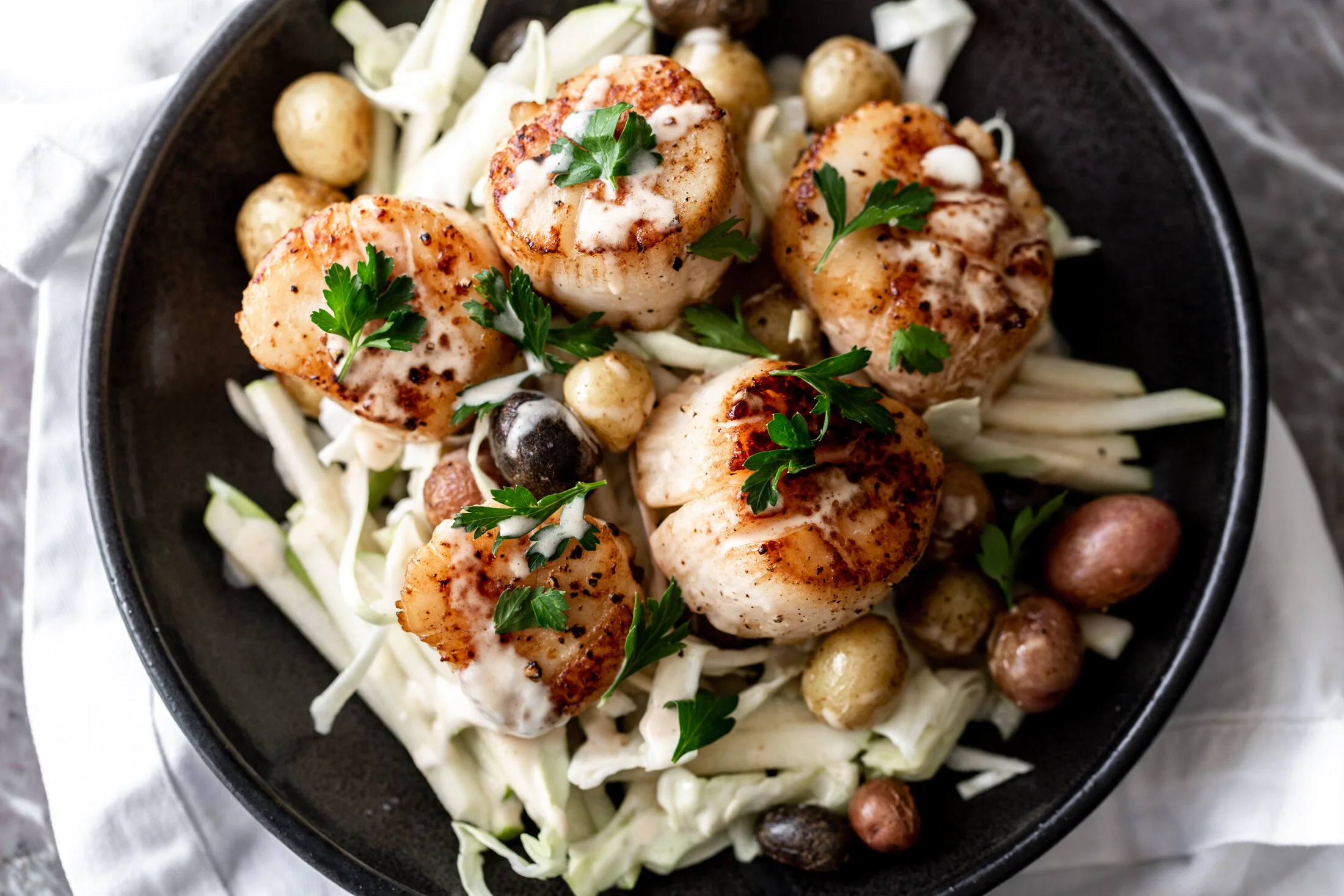 Seared Scallops with Green Apple Slaw, Roasted Potatoes & Lemon Butter