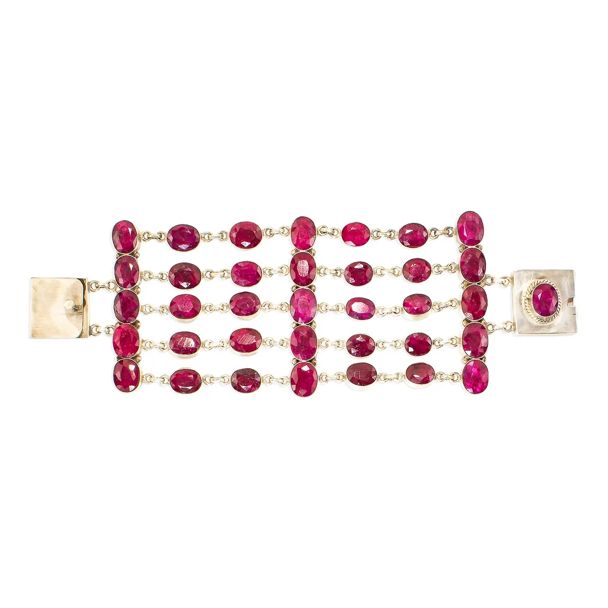 Sterling Silver Five Strand Raspberry Colored Raw Garnet Stone Bracelet