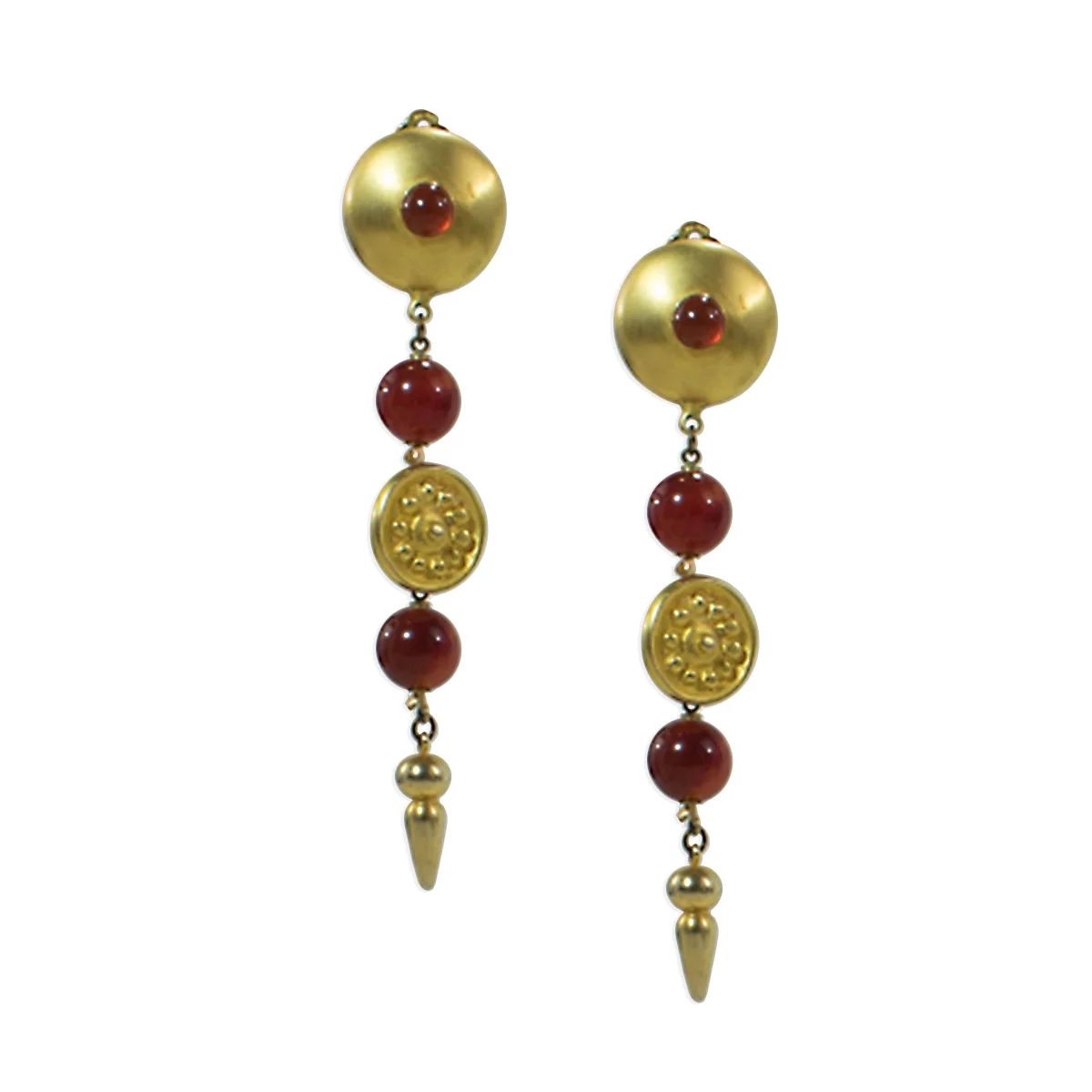 Carnelian Stone and Gold Linear Drop Earrings With Clip On Closure