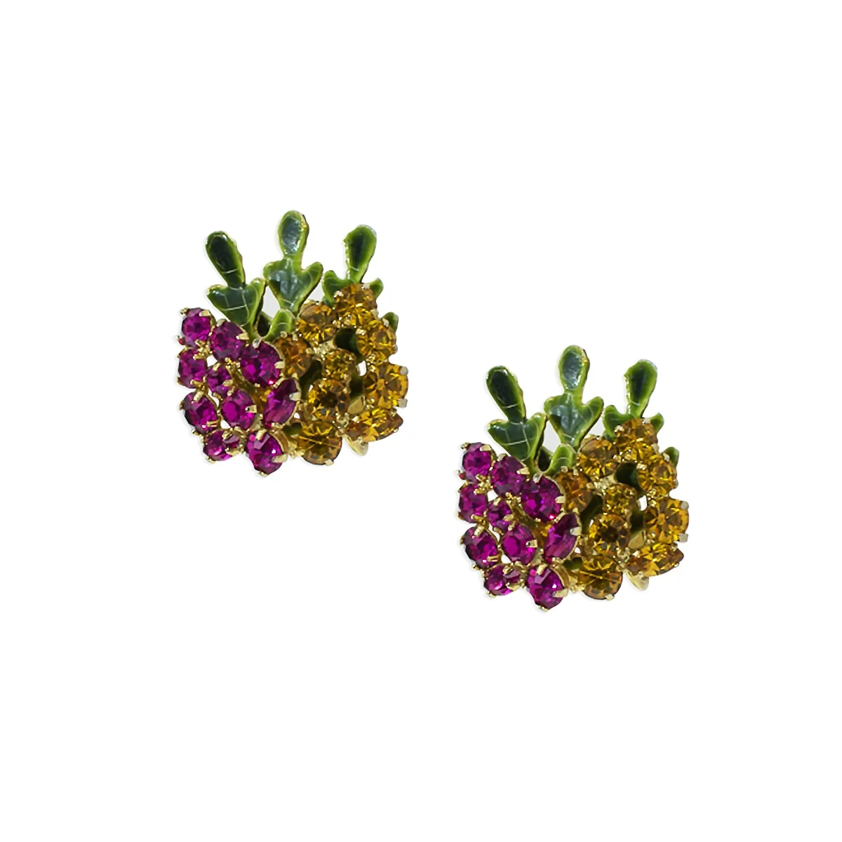 Vintage Green Enamel With Rhinestone Clip On Earrings