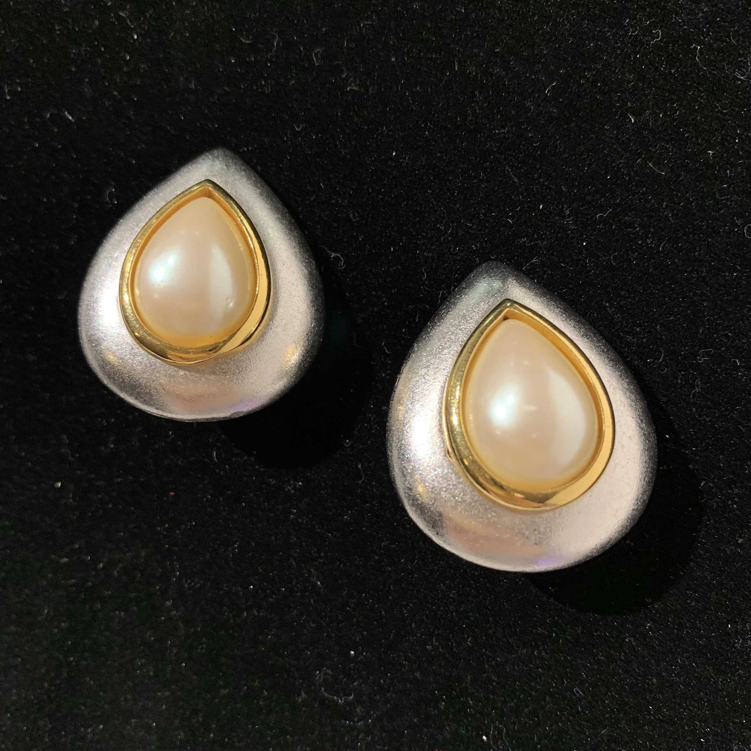 YSL Vintage Silvertone Clip On Earring with Gold Tear Drop Pearl