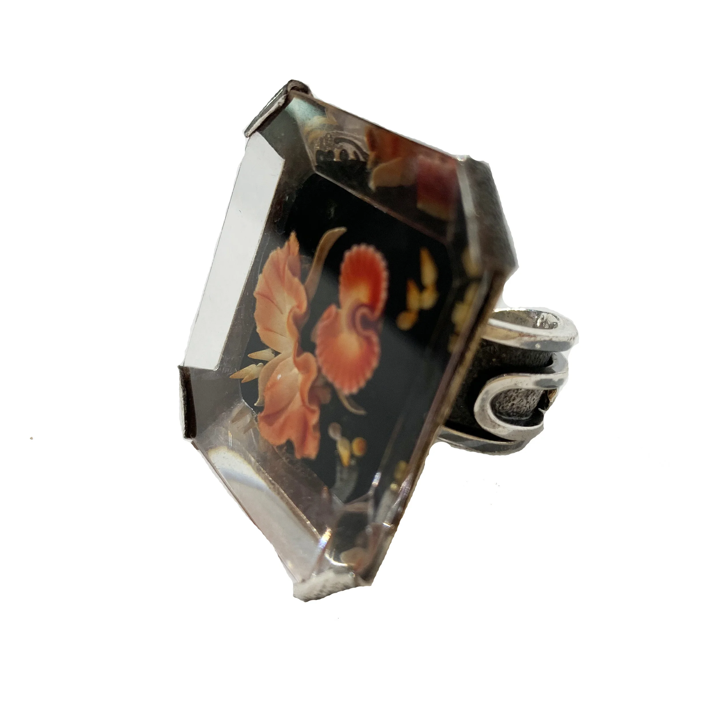 Sally Bass Large Sterling and Lucite Ring With Inlaid Flowers