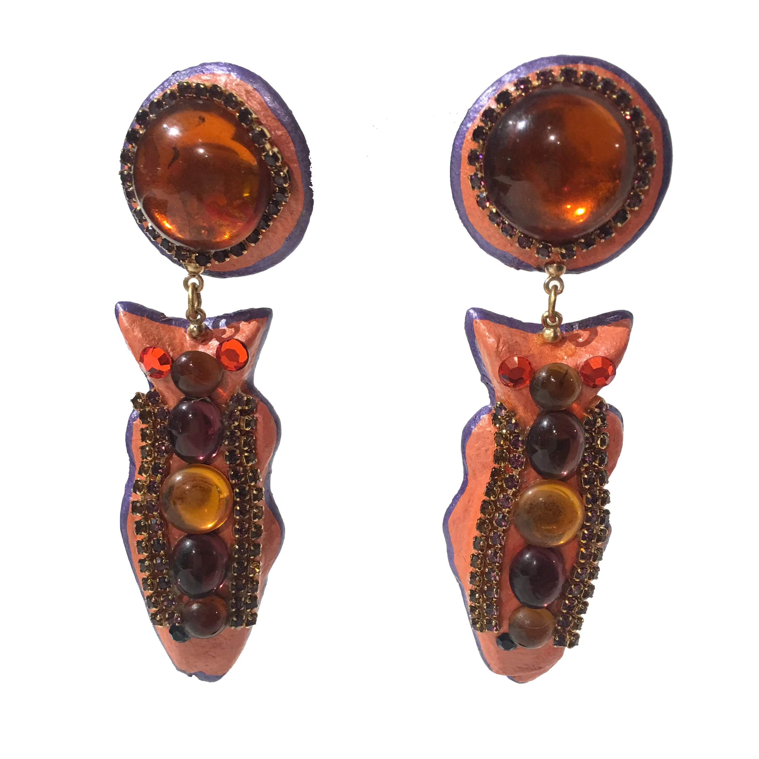 Leather & Colored Stone Fish Earrings