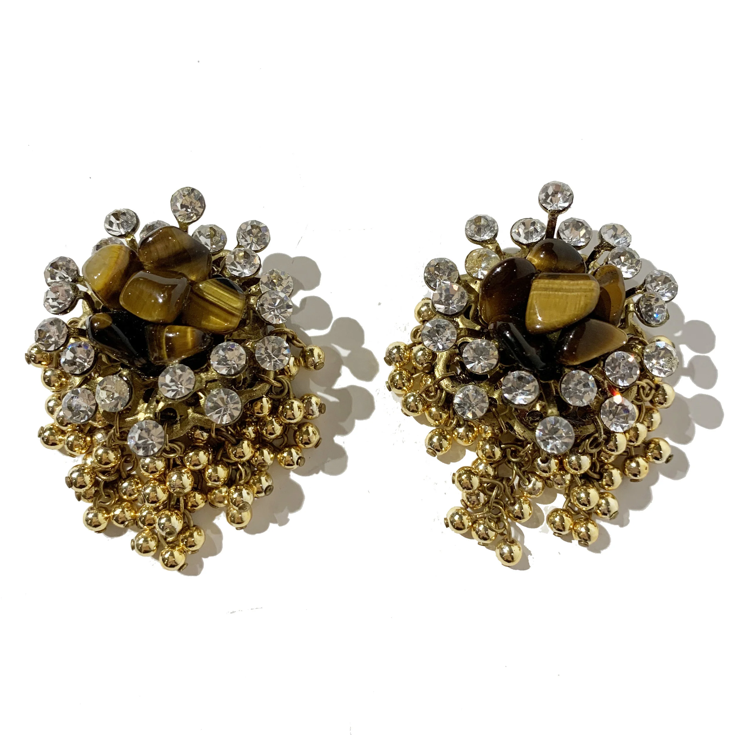 Tiger's Eye Rhinestone Cluster Clip-On Earrings