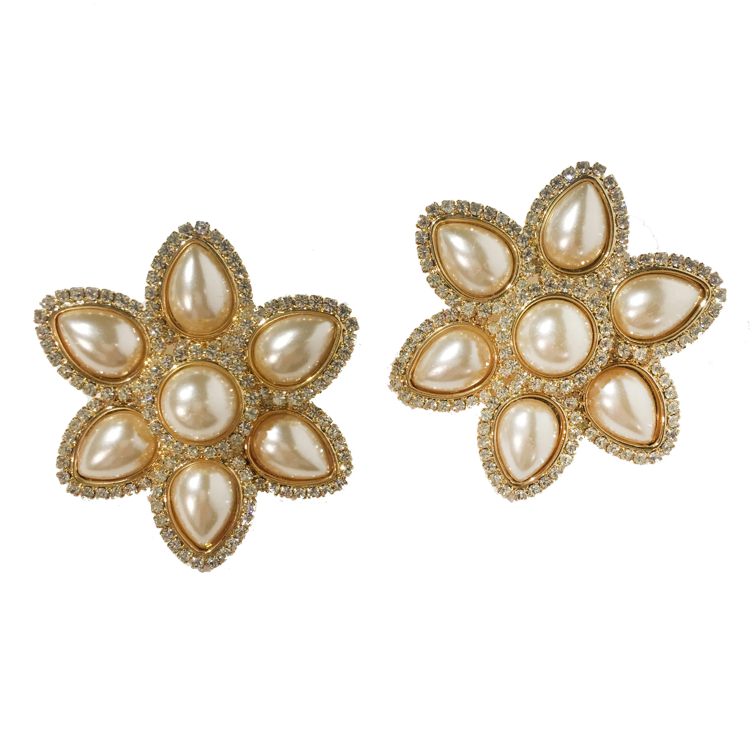Marie Ferra Huge Gold and Pearl Flower Clip-On Earrings