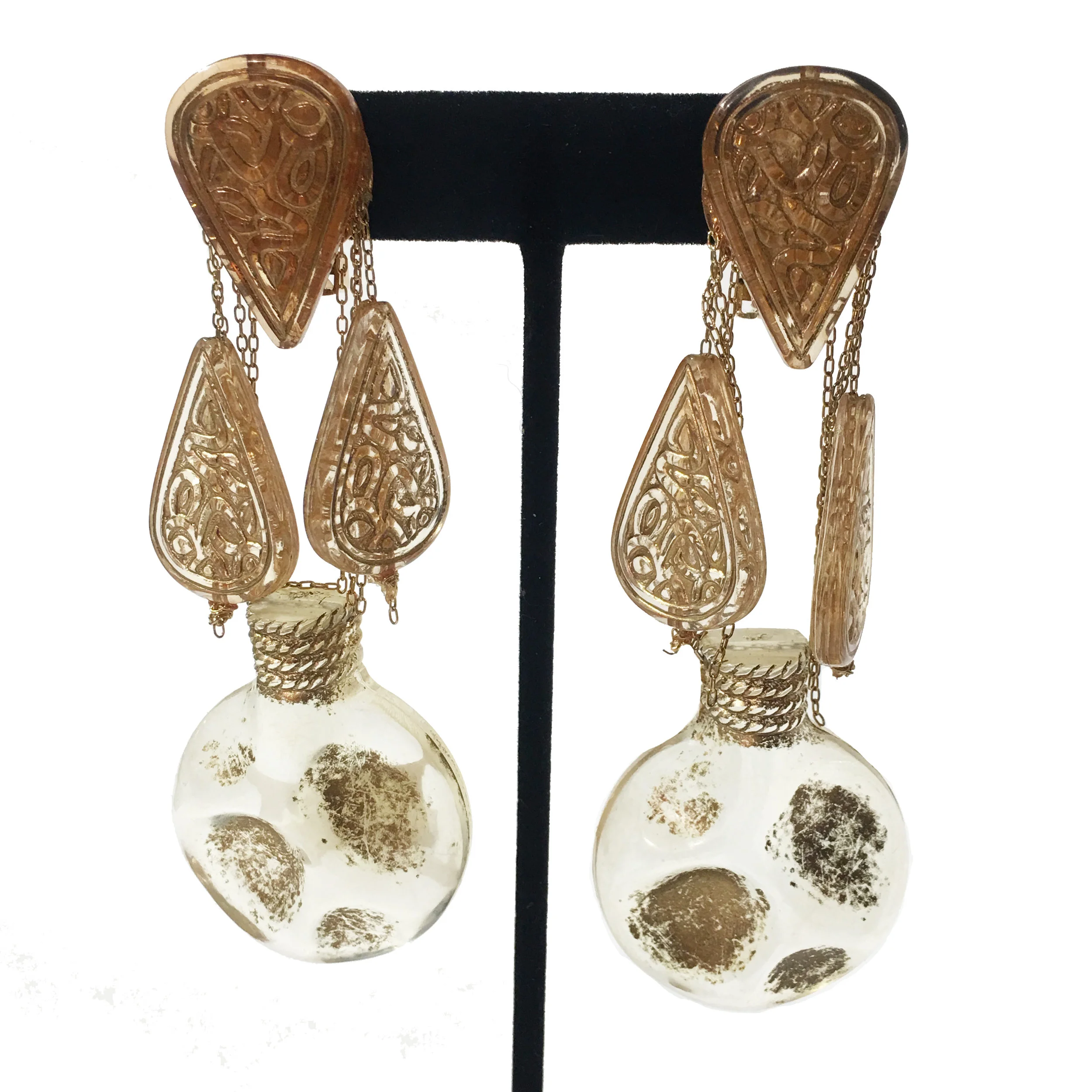 Gold Tone Lucite Genie in a Bottle Chandelier Earrings