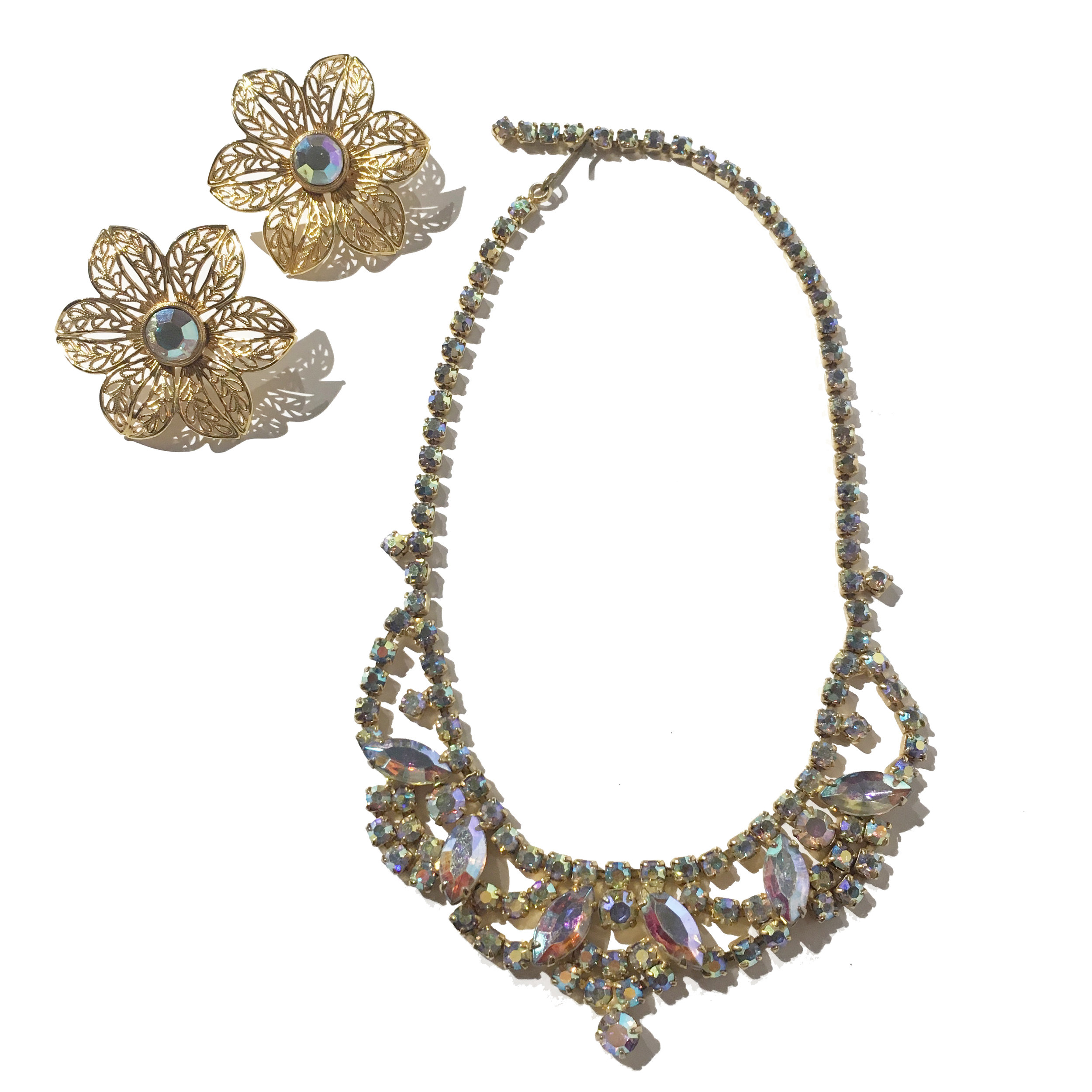 Aurora Borealis Rhinestone Tiara Necklace and Gold Earring Set