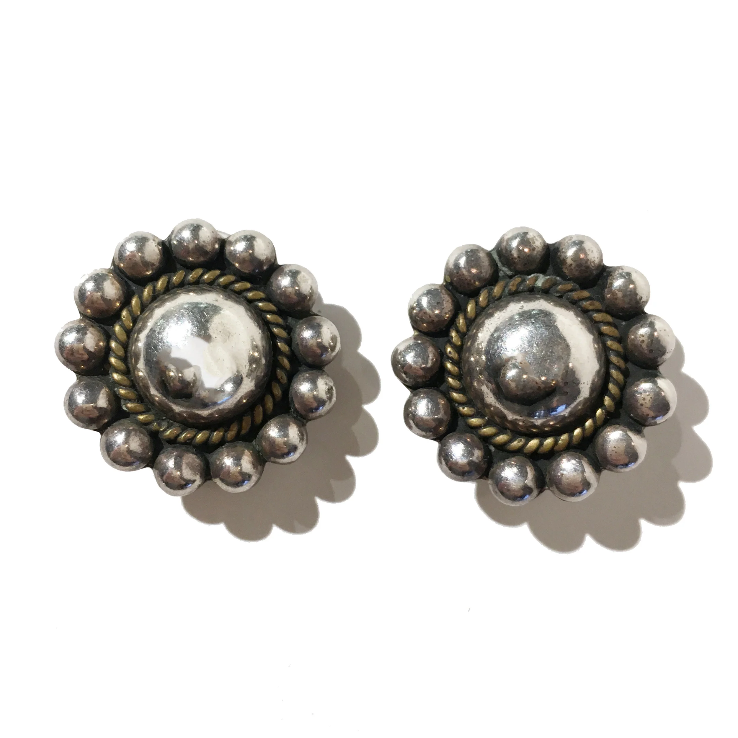 Vintage 1950's 825 Silver Round Mexican Clip-On Earrings