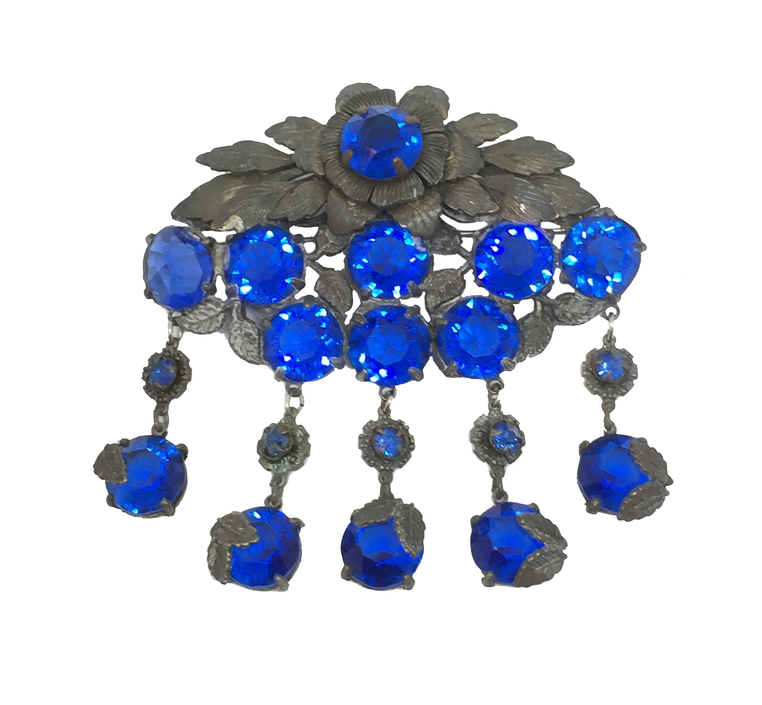 Blue Crystal and Old Gold Floral Pin