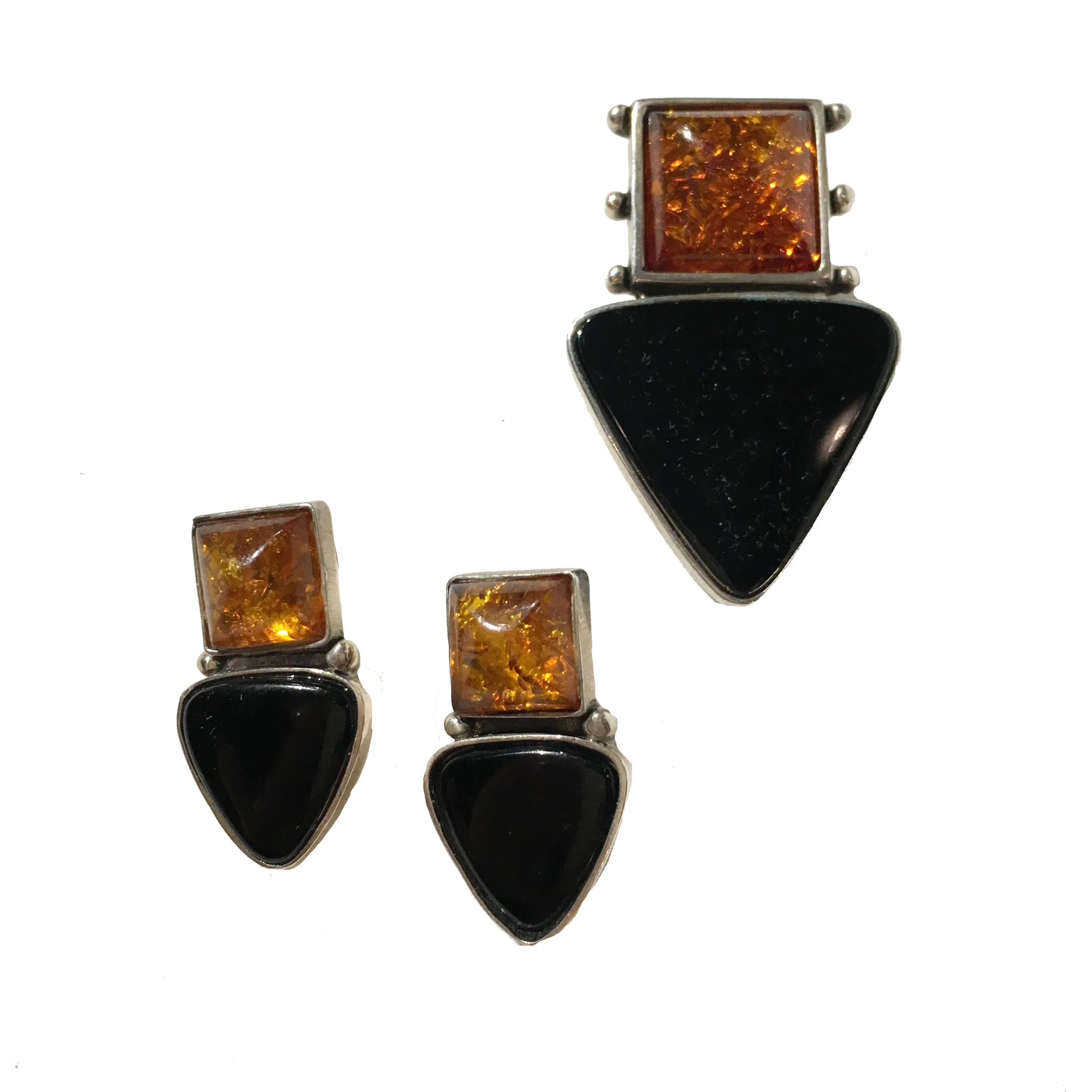 Amber and Onyx Sterling Silver Set (Pin/Pendant, Earrings)