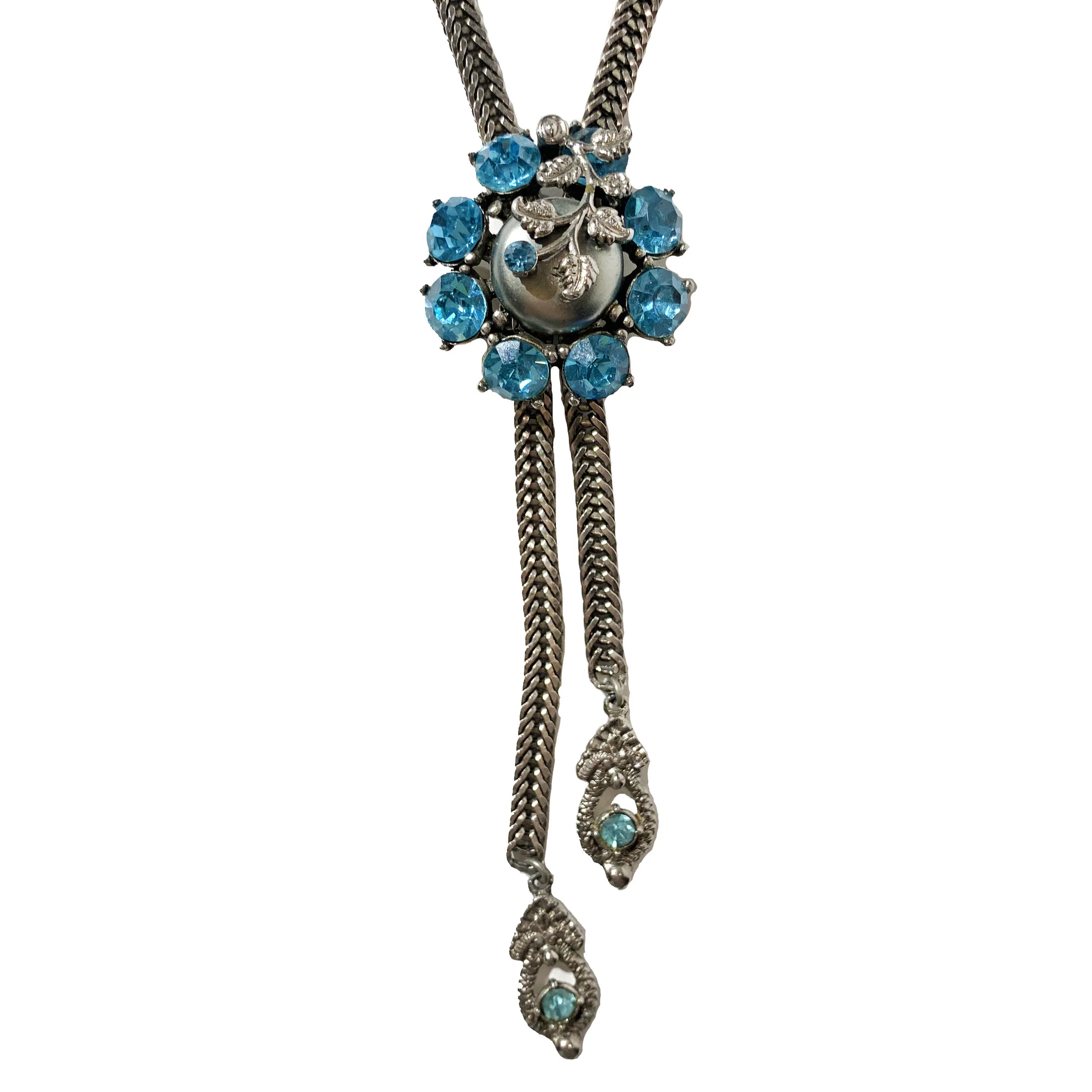 Silvertone Lariat Necklace with Blue Crystal