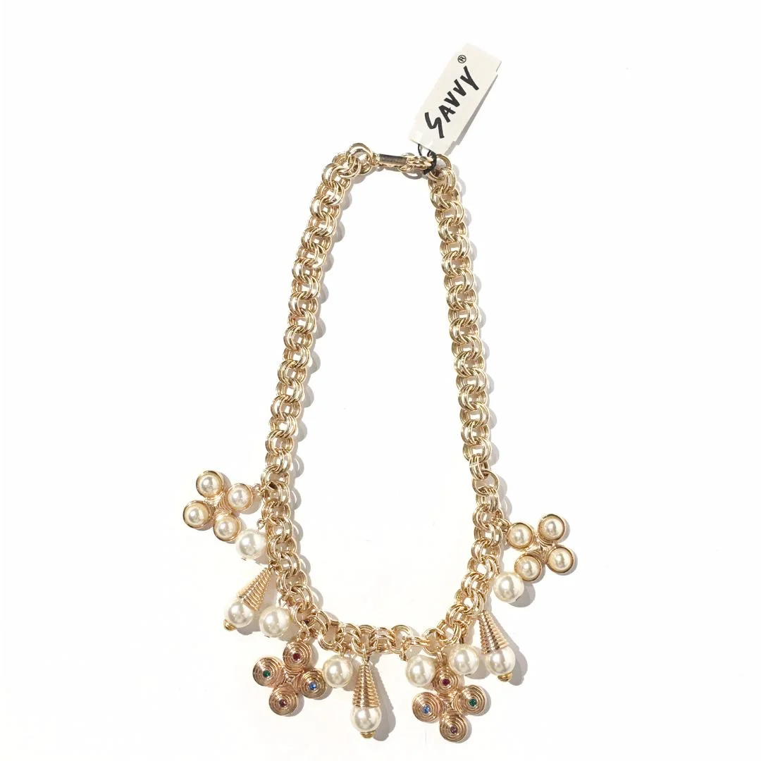 Savvy Gold Tone Pearl Charm Necklace