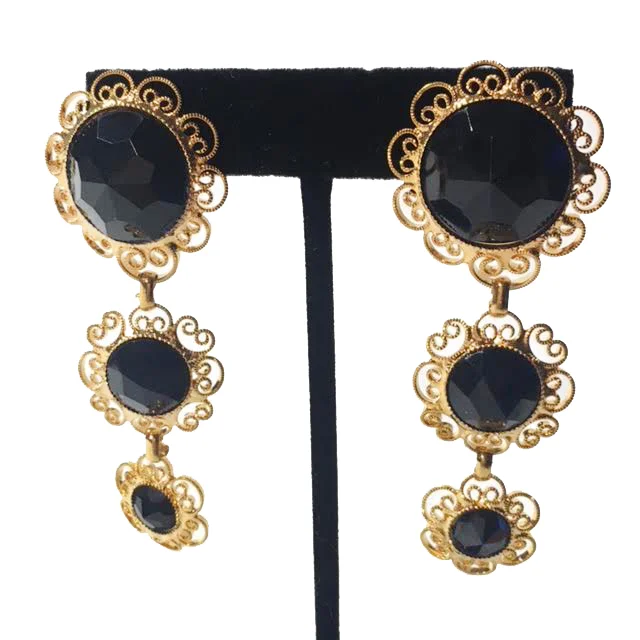 Hobe Gold Tone and Black Stone Screw Back Earrings