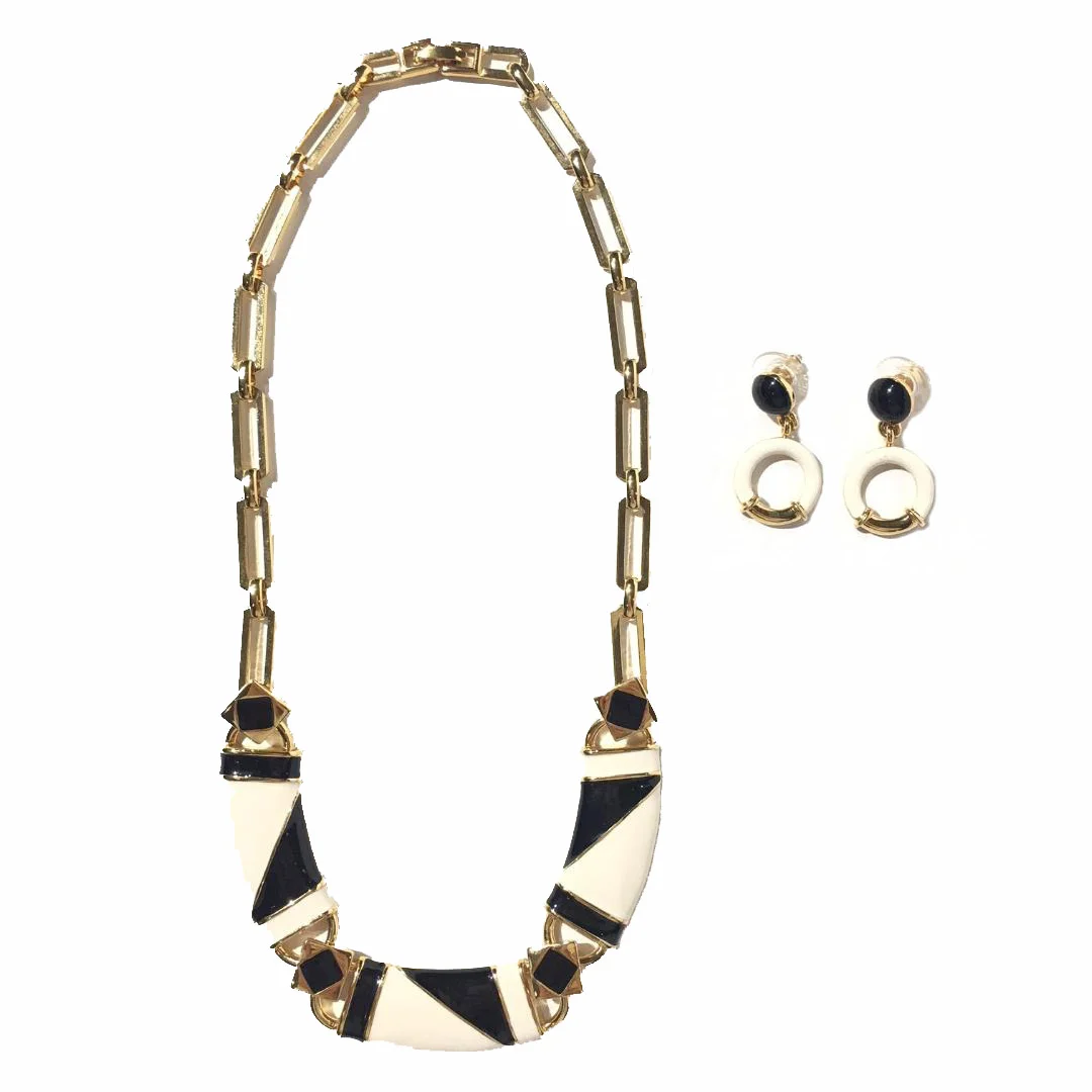 Monet Cream &amp; Black Enamel Necklace and Earring Set 80s
