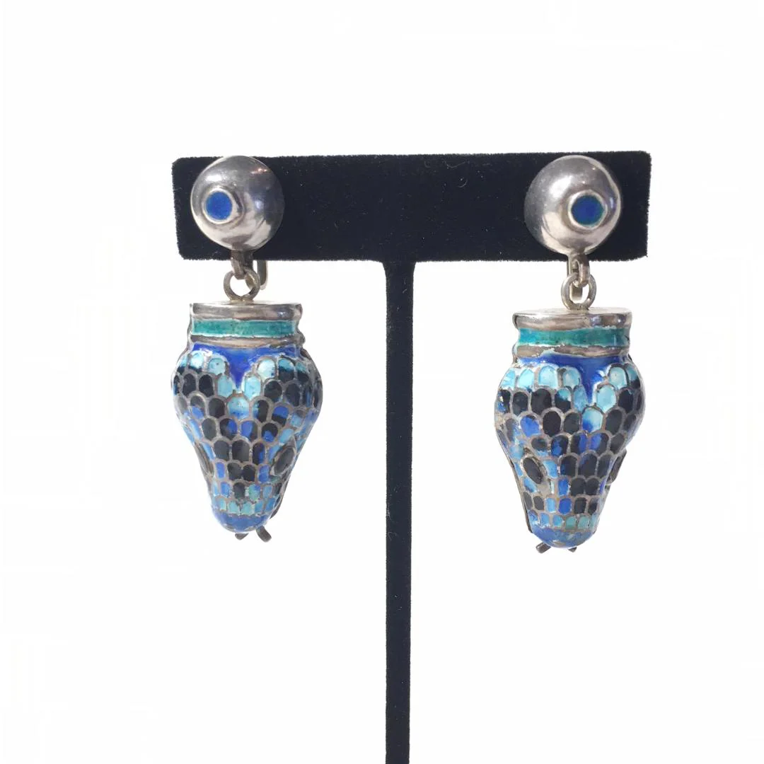 Margo de Taxco Sterling Silver and Enamel Snake Head Earrings