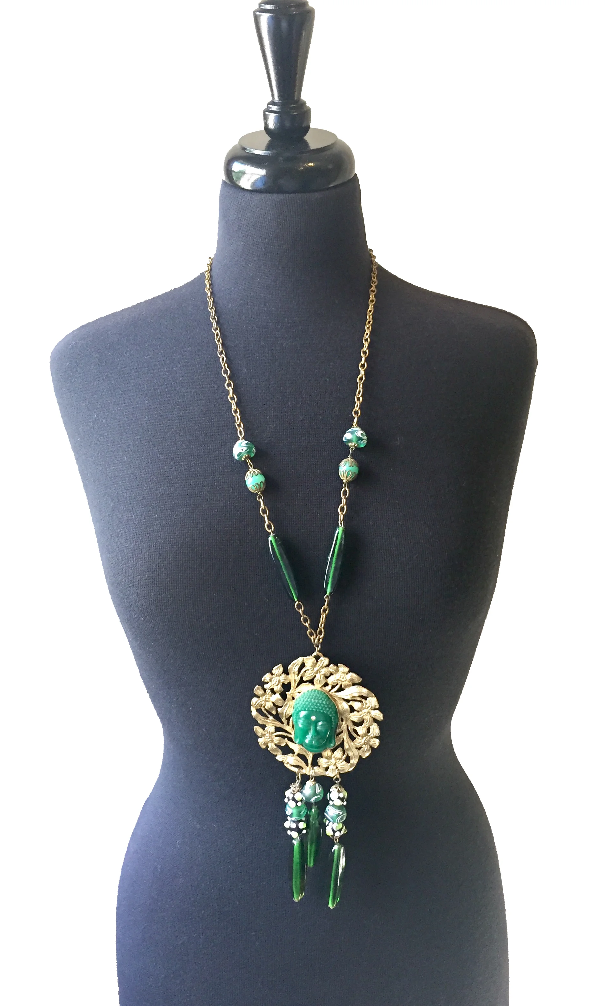 Large Gold Pendant Necklace with Green Celluloid Buddha Head