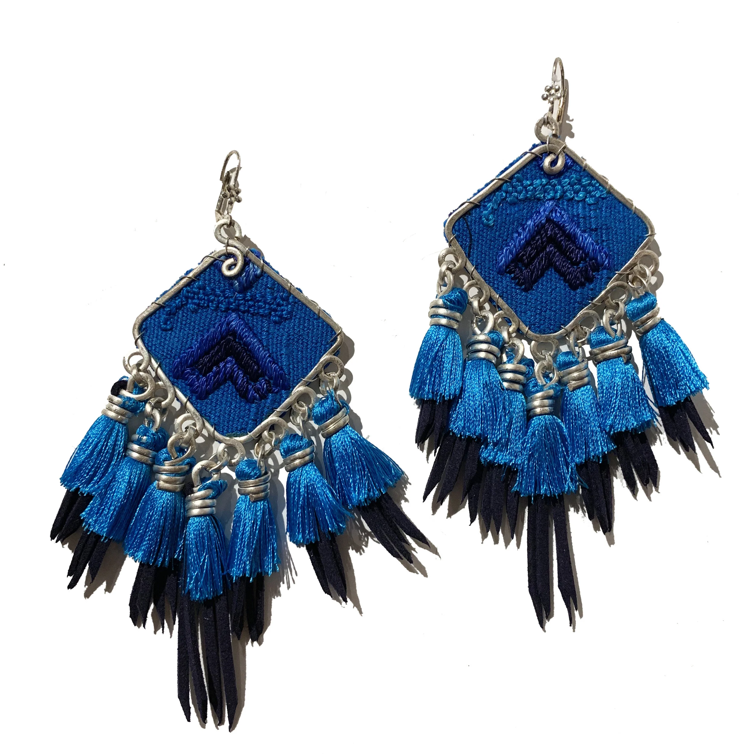 San Miguel Japanese Tapestry Earring - Small Blue with Tassels