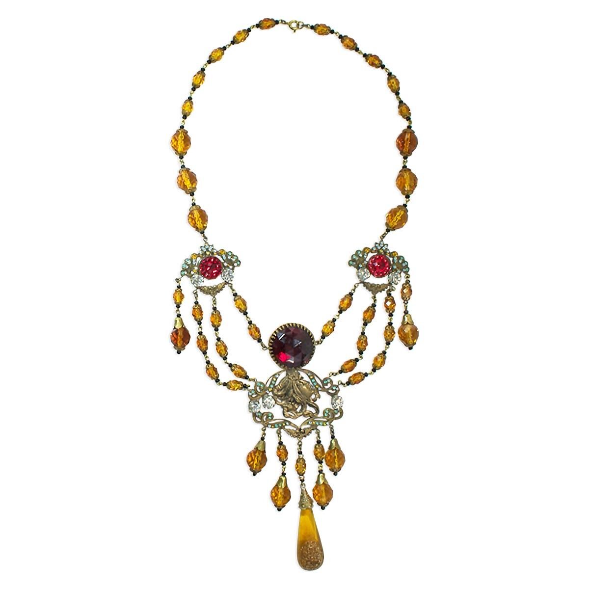 Vintage 20's Czech Glass Necklace With Butterscotch, Red, Clear &amp; Aqua Rhinestones