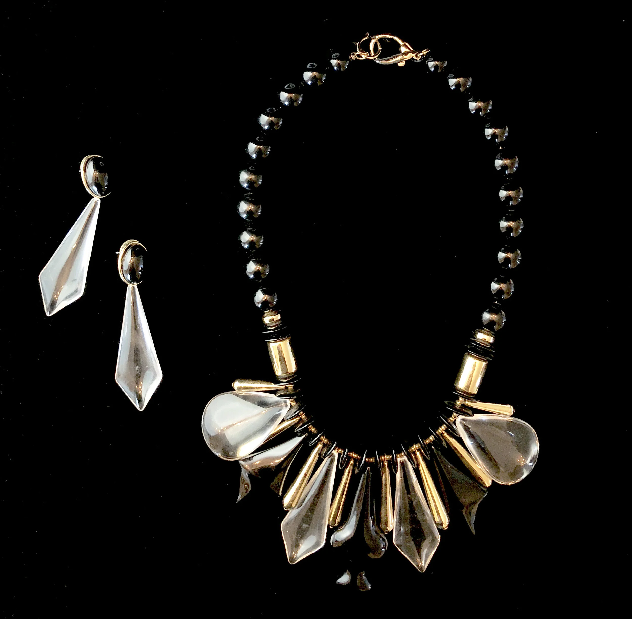 80s Clear Lucite with Black &amp; Gold 2 Piece Necklace &amp; Earring Set